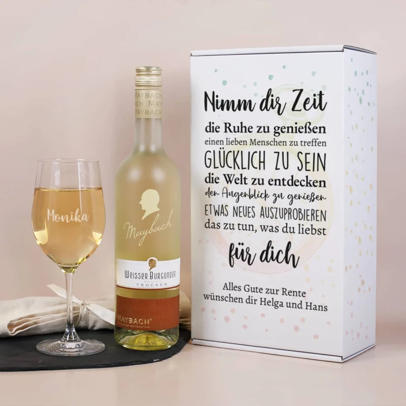 Wein Geschenkset zur Rente mit bedruckter Box, Maybachwein und graviertem Glas