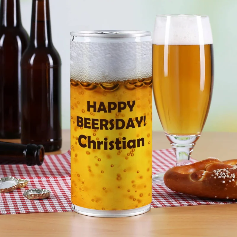 Beklebte Bierdose zum Geburtstag