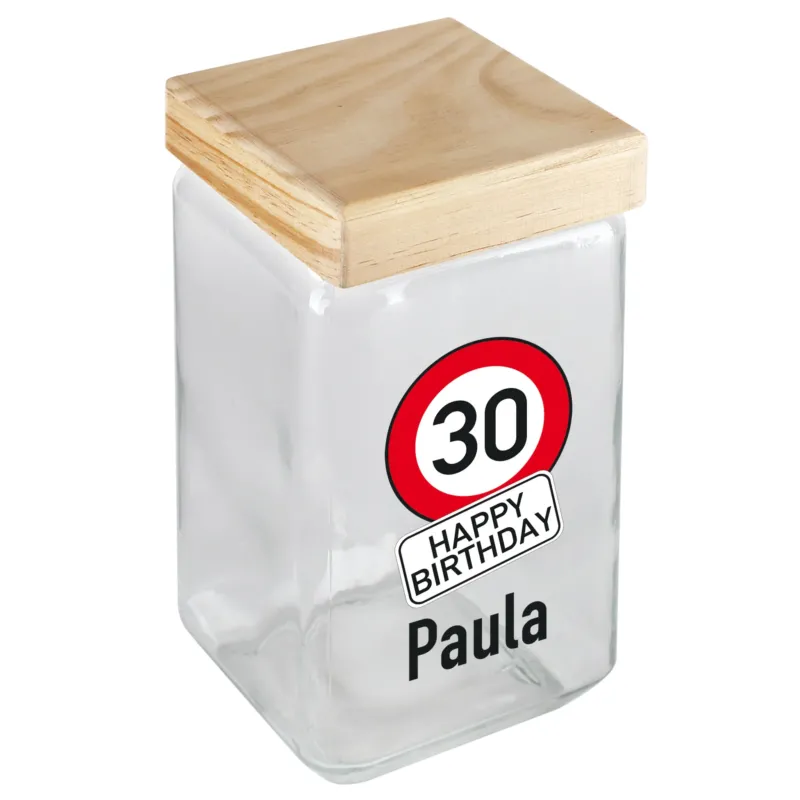 Glasdose mit Verkehrszeichen-Design „30 Happy Birthday“, personalisiert mit Name Paula