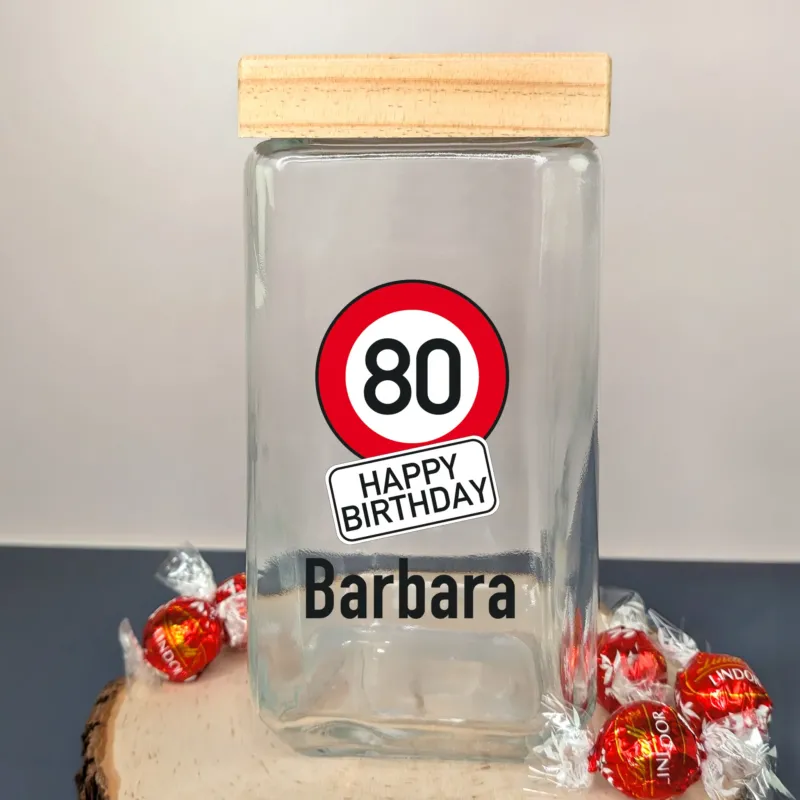 Vorratsglas mit Geburtstagsdesign „80 Happy Birthday“ und Name Barbara