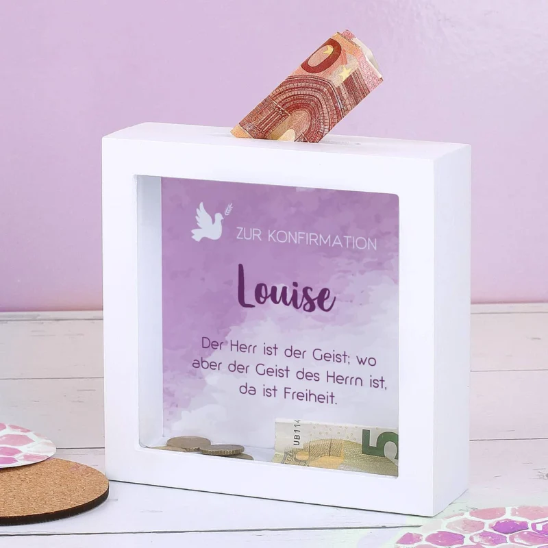 Bilderrahmen Spardose zur Konfirmation mit Name und Wunschtext in violett