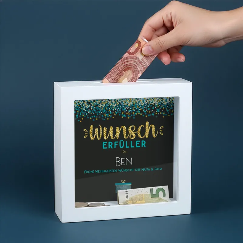 Bilderrahmenspardose Wunscherfüller mit Name und Wunschtext