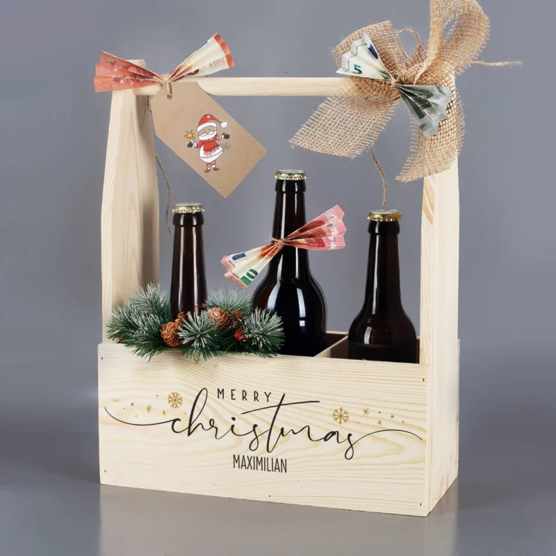Flaschenträger aus Holz als originelle Geschenkverpackung zu Weihnachten