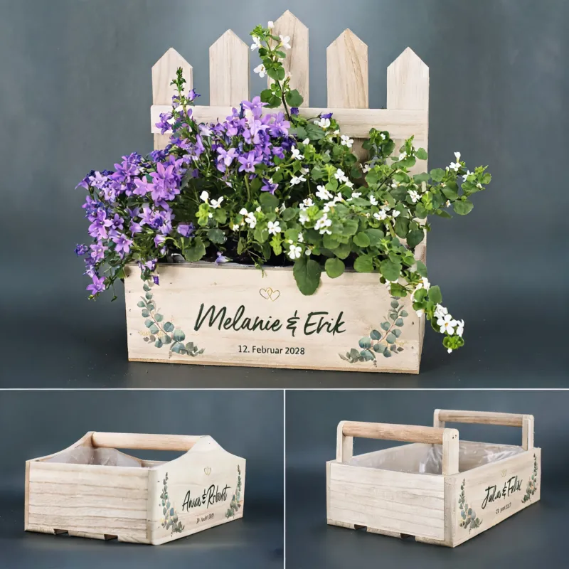 Personalisierter Pflanzkorb zur Hochzeit mit Eukalyptus-Motiv, Namen und Datum in drei Ansichten