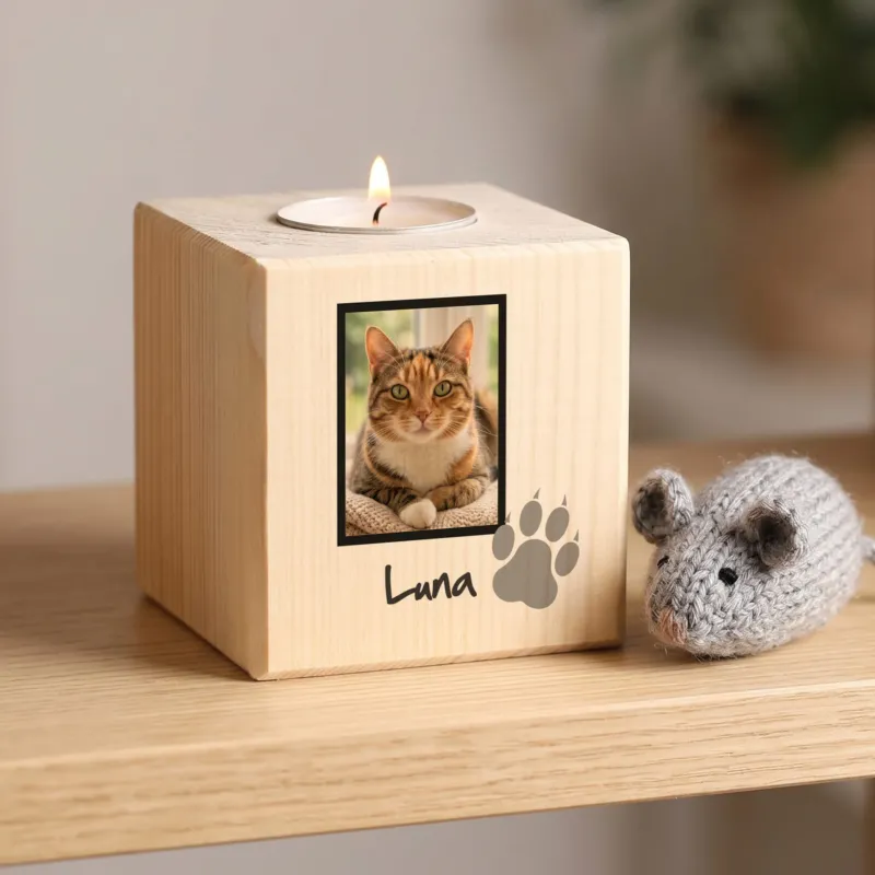 Gedenklicht an die geliebte Katze mit Foto und Name