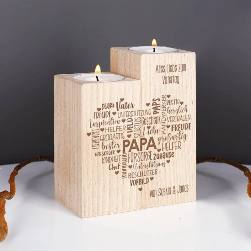 Vatertagsgeschenk - Teelichthalter aus Holz mit graviertem Herz & Wunschtext