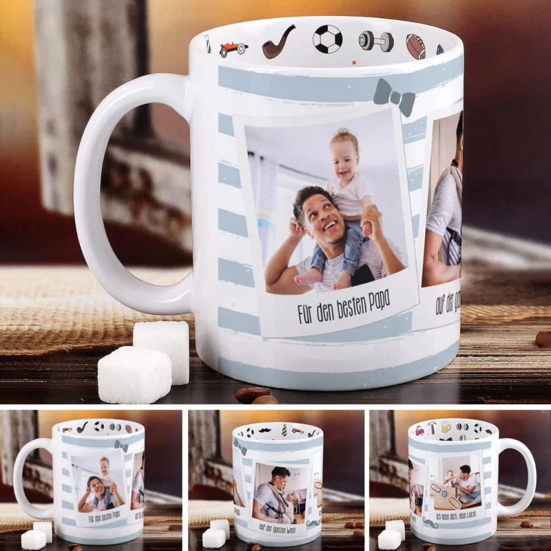 Tasse Innen- und außen bedruckt für den besten Papa mit drei persönlichen Fotos