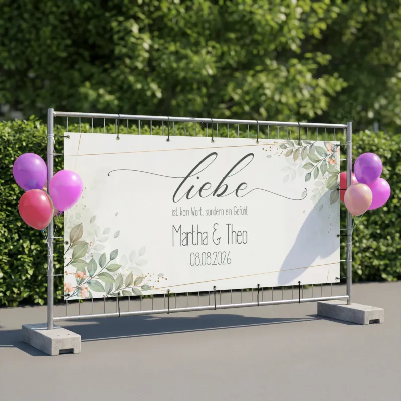 Personalisiertes Hochzeitsbanner mit Liebe Spruch, Namen und Datum am Bauzaun mit Ballons