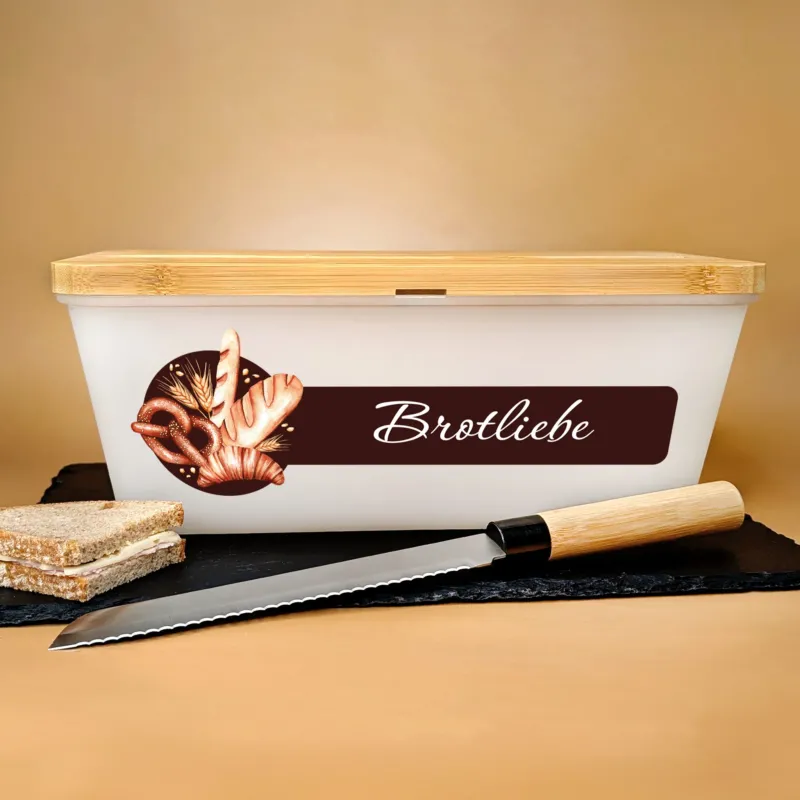 Brotkasten mit Motiv „Brotzeit“ und Schriftzug „Brotliebe“ – seitliche Frontansicht