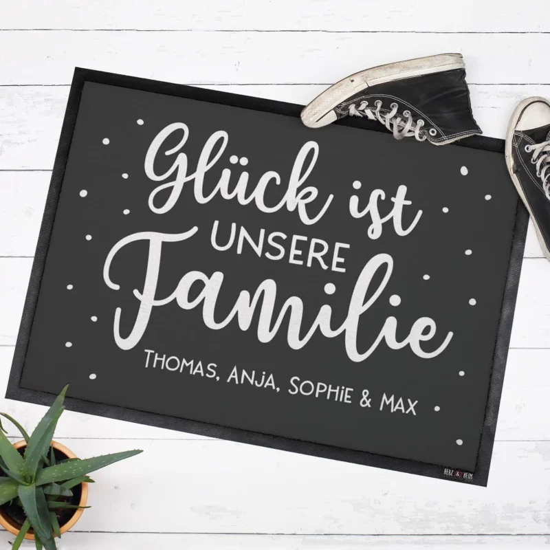 Glück ist unsere Familie - Fußmatte mit Ihrem Wunschtext