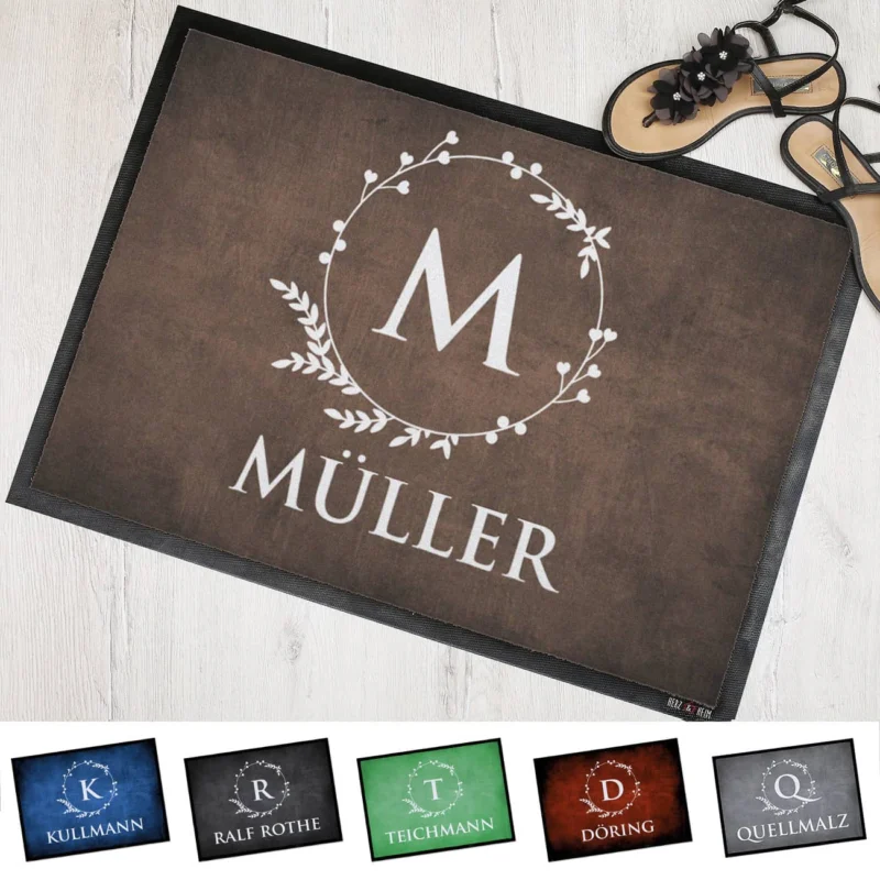 Persönliche Fußmatte mit Monogramm & Wunschtext in verschiedenen Farben