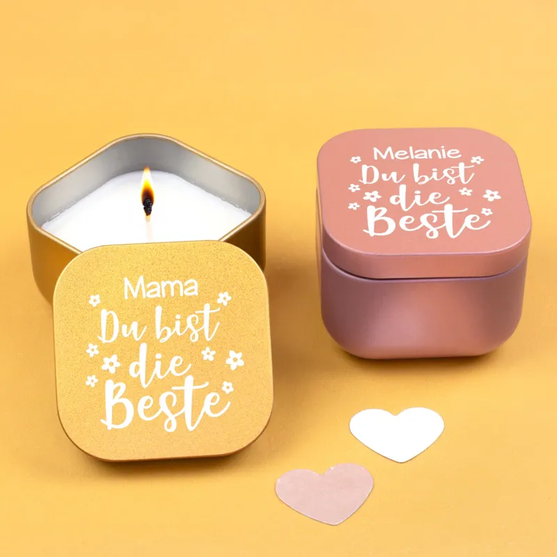 Duftkerze mit Vanilleduft in Gold und Roségold, personalisiert mit „Mama“ und „Melanie“, Motiv „Du bist die Beste“