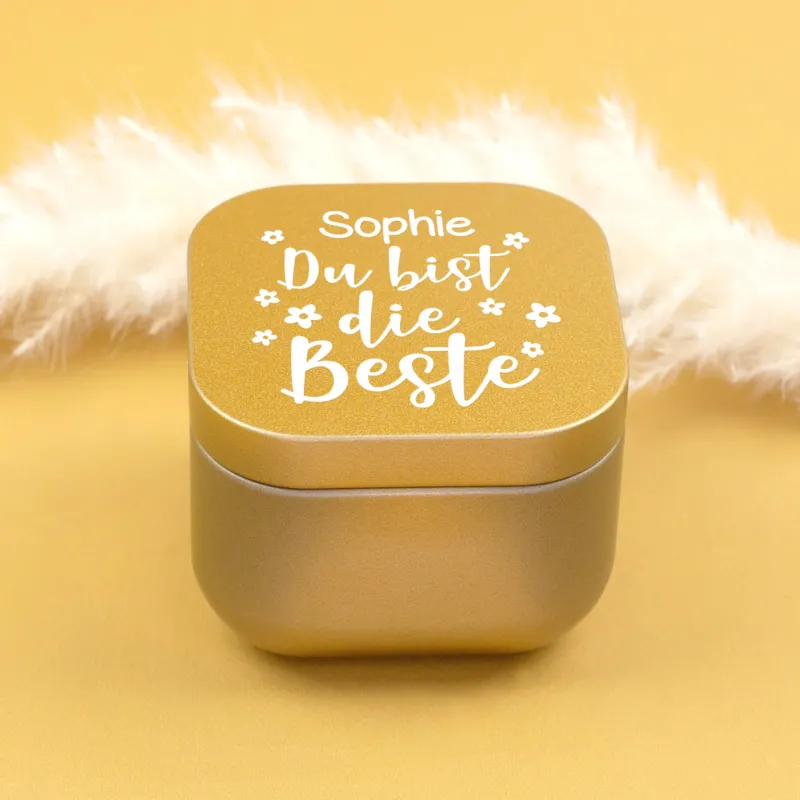 Geschlossene goldene Duftkerze mit personalisiertem Deckel „Sophie Du bist die Beste“