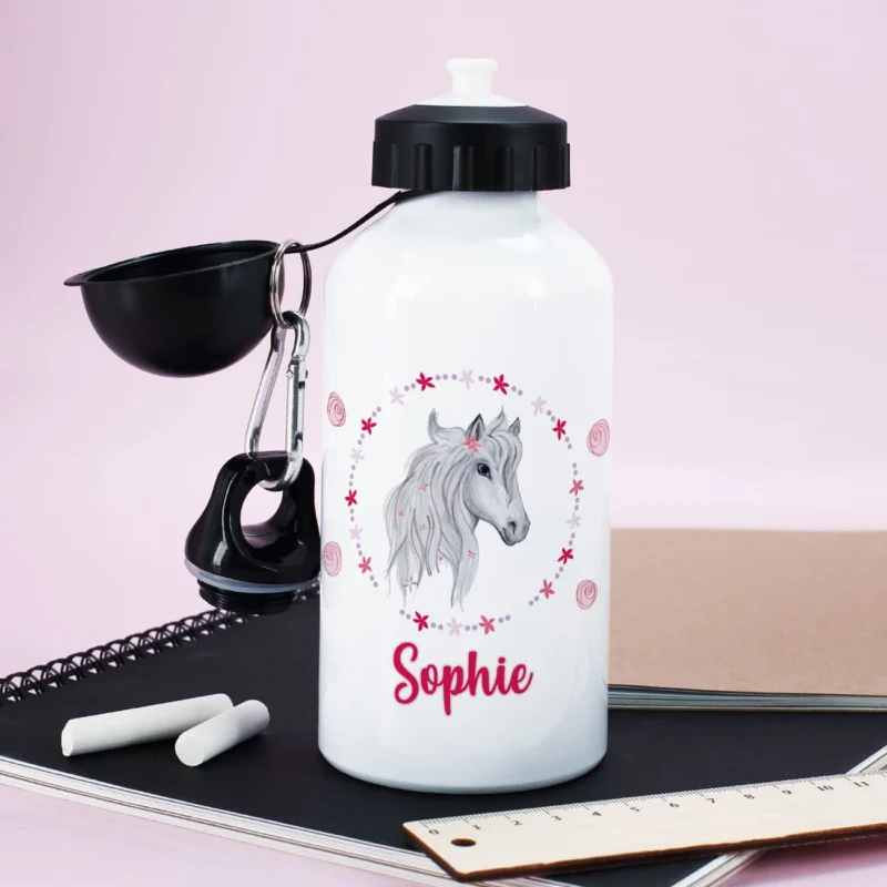 Aluminium-Trinkflasche mit Pferd, Blüten und Name