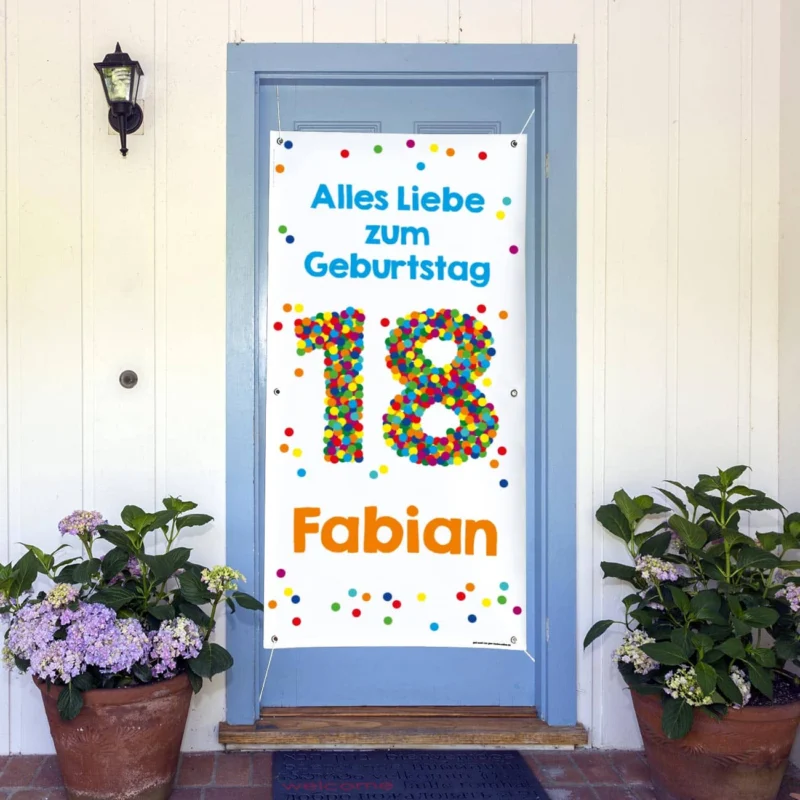XL Banner zum 18. Geburtstag mit großer Konfettizahl, Name und Wunschtext – Bild 2