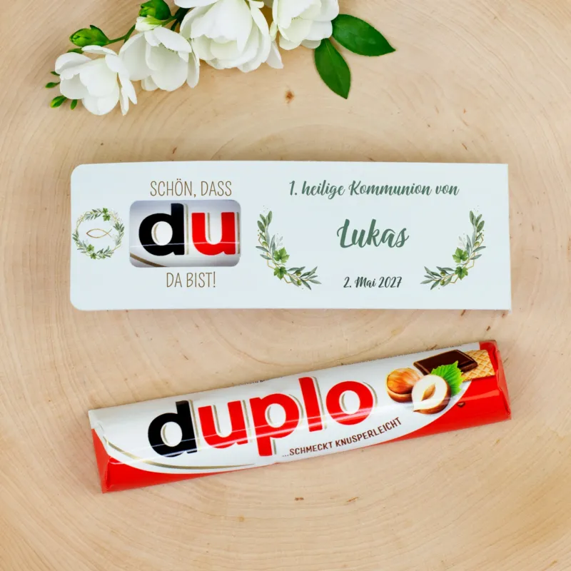 Personalisierter duplo Riegel Gastgeschenk Kommunion mit Name Lukas und Datum im Olivenzweig Design