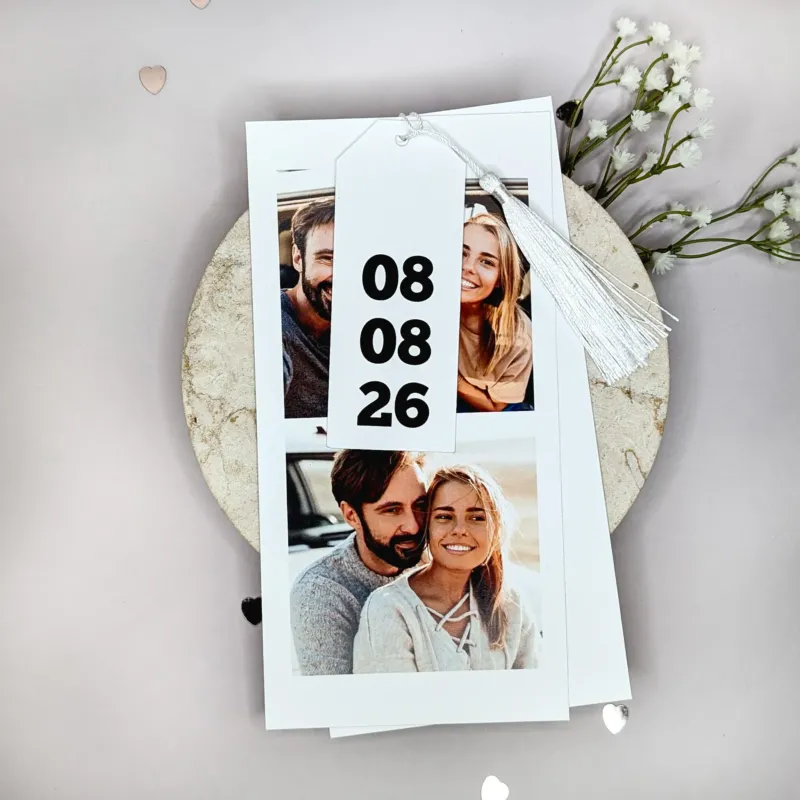 Hochzeitseinladung - modernes Kartentrio mit weißer Kordel und Umschlag