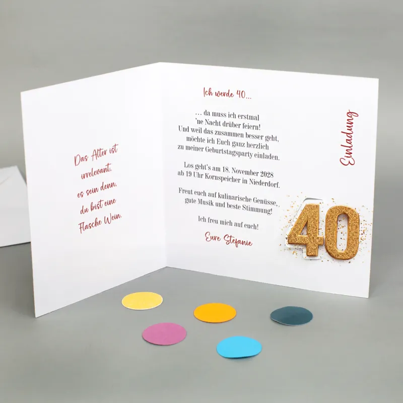Innenansicht Einladung 40 Geburtstag mit personalisiertem Einladungstext und Gestaltung