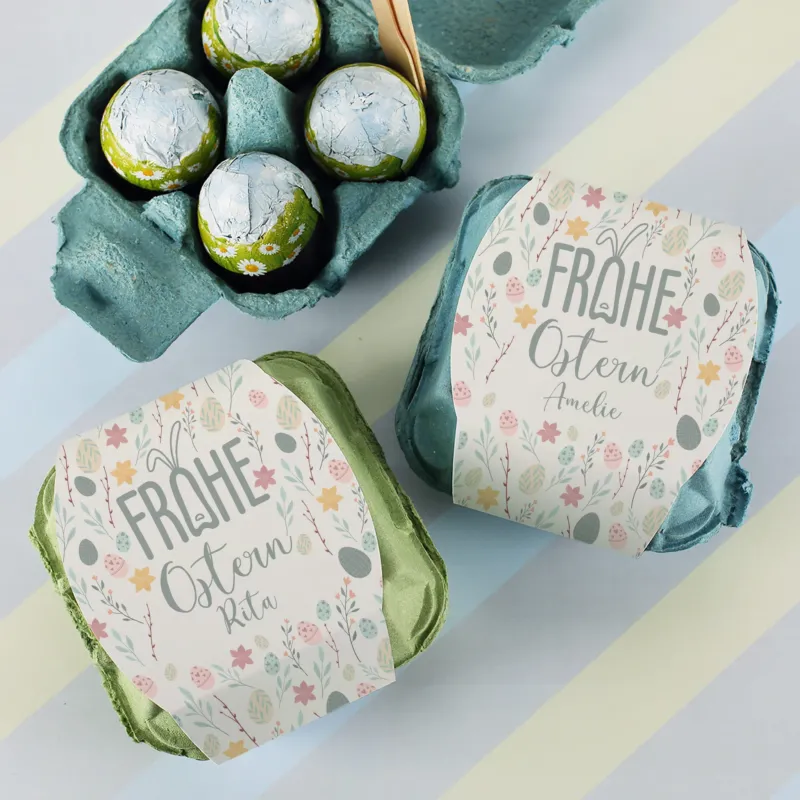 "Frohe Ostern" Schokoeier mit Wunschname & buntem Oster-Motiv | 4 Löffeleier