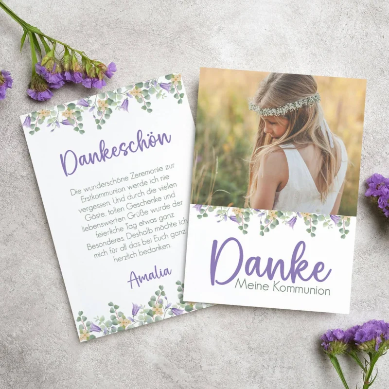 Lila Dankeskarte mit Blumenmotiv