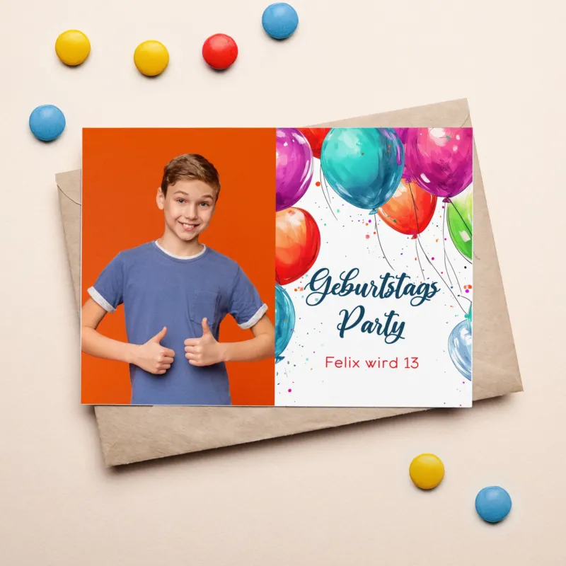 Einladungskarte zum Geburtstag mit Wunschdaten und bunten Luftballons
