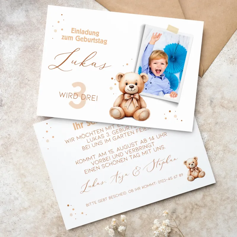 Teddybär Einladungskarte zum Kindergeburtstag mit Foto und Wunschdaten – Bild 2