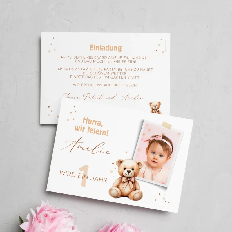 Teddybär Einladungskarte zum Kindergeburtstag mit Foto und Wunschdaten