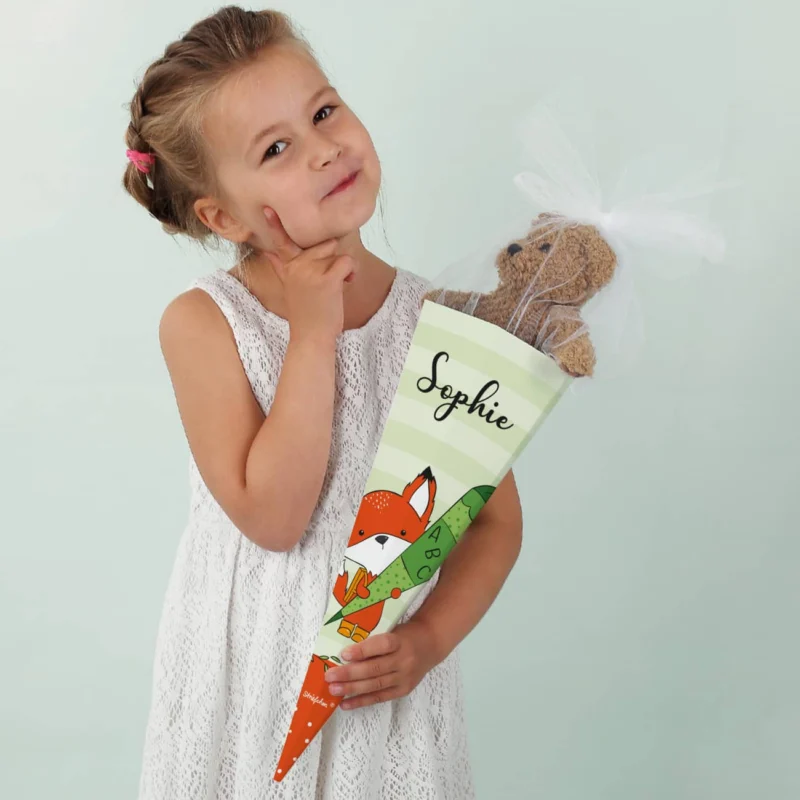 Geschwister-Schultüte mit Fuchs und Name bedruckt