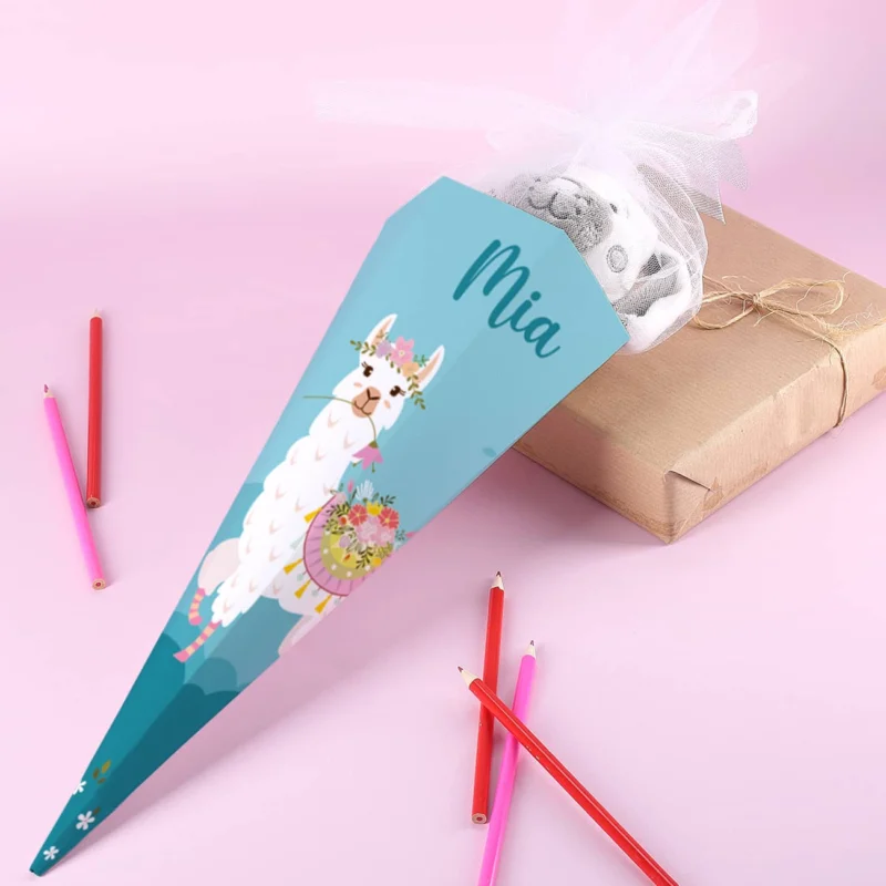 kleine Schultüte mit Lama, Blumen und Name