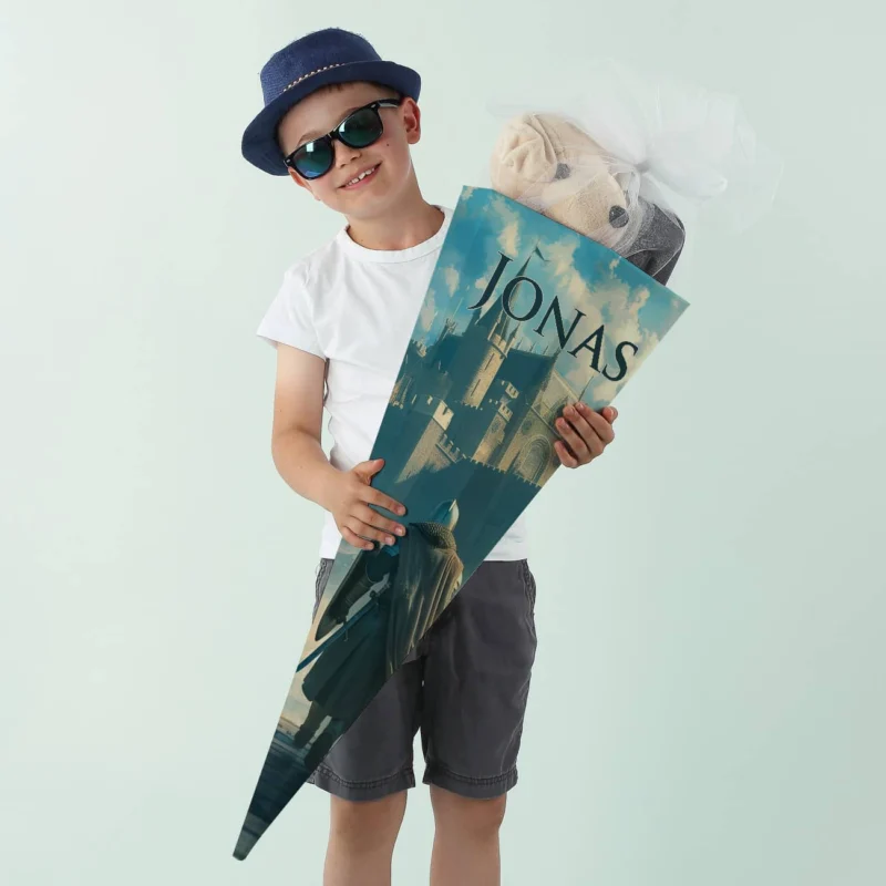Schultüte für Jungen mit Burg als Motiv & Name personalisiert