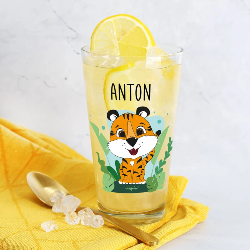 Trinkglas mit Tiger und Name bedruckt