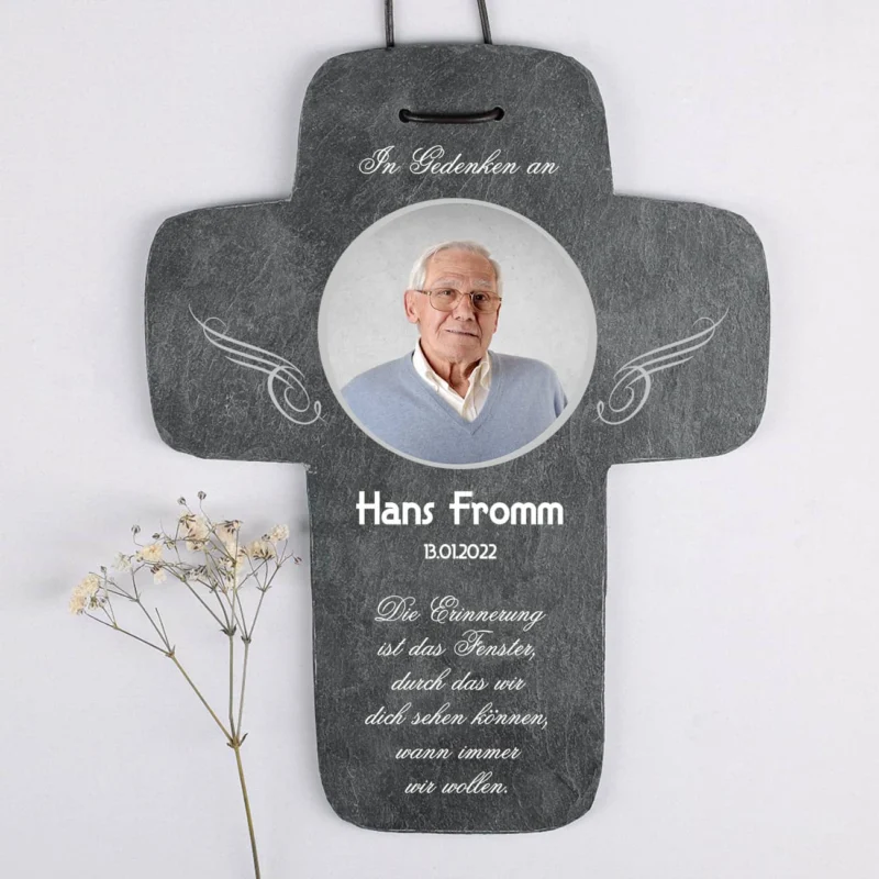 persönliches Foto-Schieferkreuz, 30 x 22 cm - In Gedenken an -