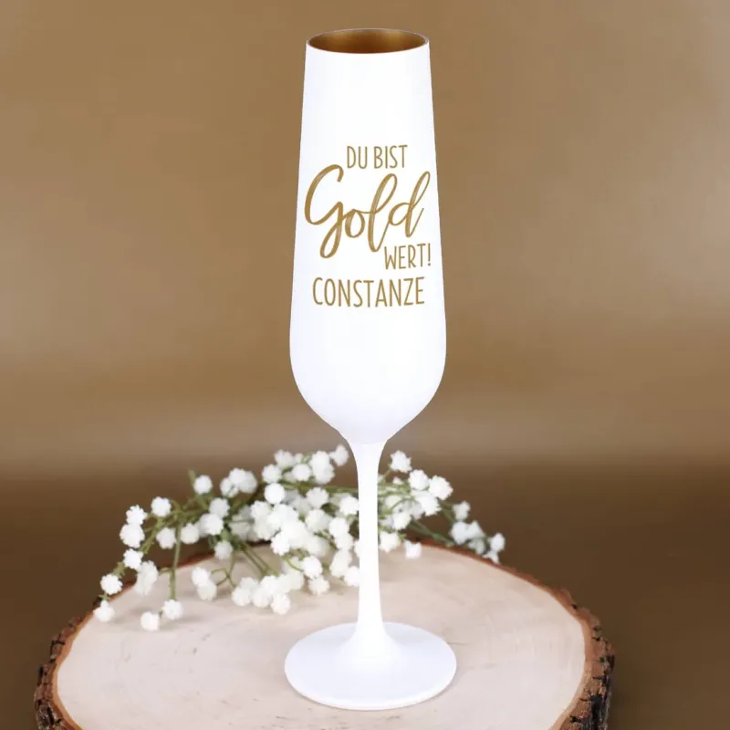 Sektglas in Weiß-Gold "Du bist Gold wert!" mit Name nach Wunsch