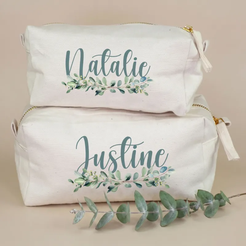 Personalisierte Canvas Taschen in zwei Größen mit Eukalyptus Motiv und Namen Natalie und Justine