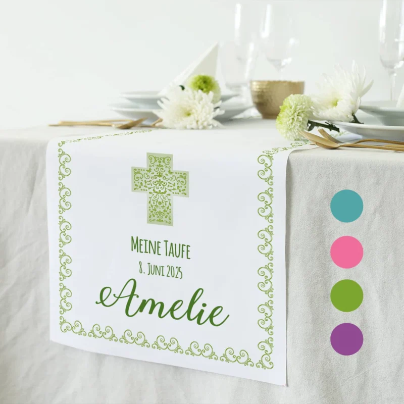 Tischläufer zur Kommunion, Konfirmation oder Taufe, in grün