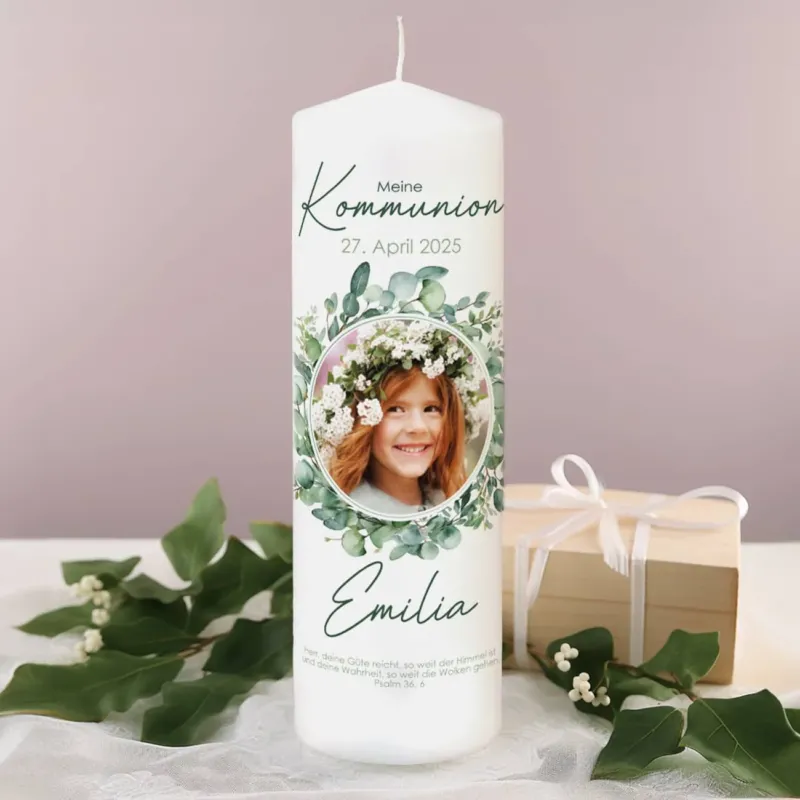 Kommunionkerze mit Foto, Eukalyptus, Name, Datum & Text