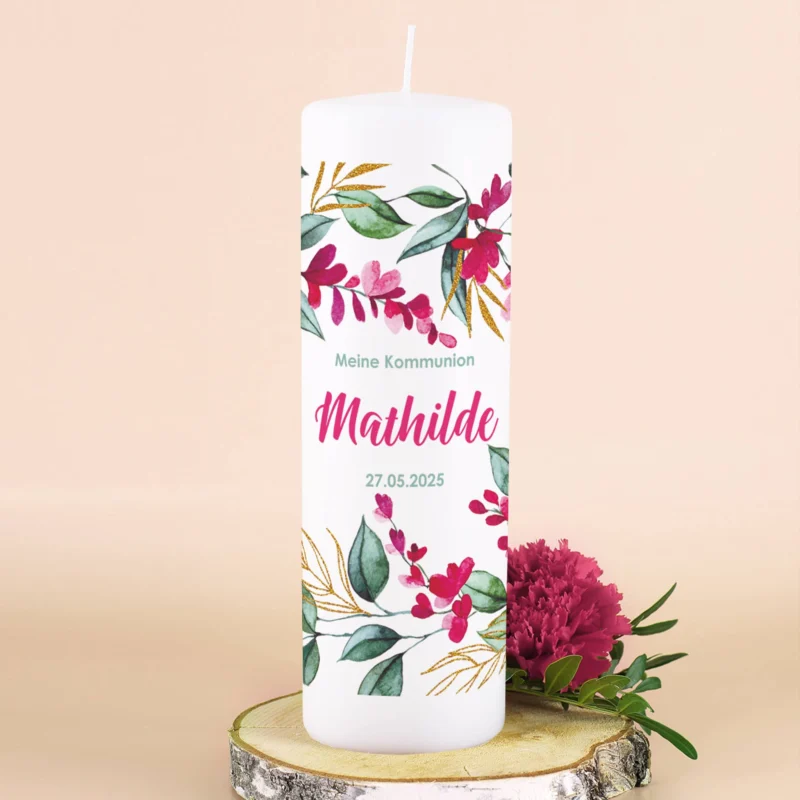 Große Kerze mit Blumenmotiv zur Taufe, Kommunion oder Konfirmation