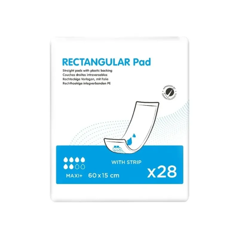Packung rechteckige Pads Maxi+ mit Folie, 60x15 cm, 28 Stück, dermatologisch getestet.