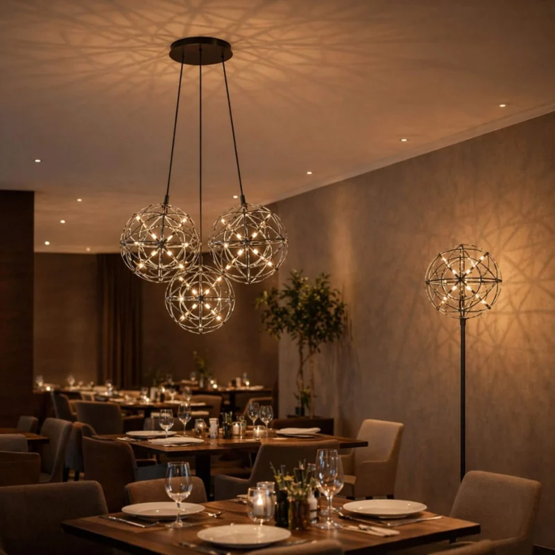 s.luce Atom Cluster LED Mehrfach-Pendelleuchte 3-flammig im modernen Restaurant mit stilvollem Ambiente.