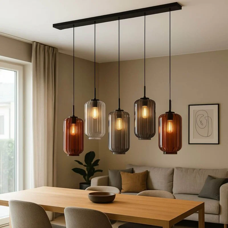 s.luce Velo Esstischleuchte 5-flammig 160cm Baldachin Ø 18cm über einem Esstisch mit eleganten Glasleuchten.