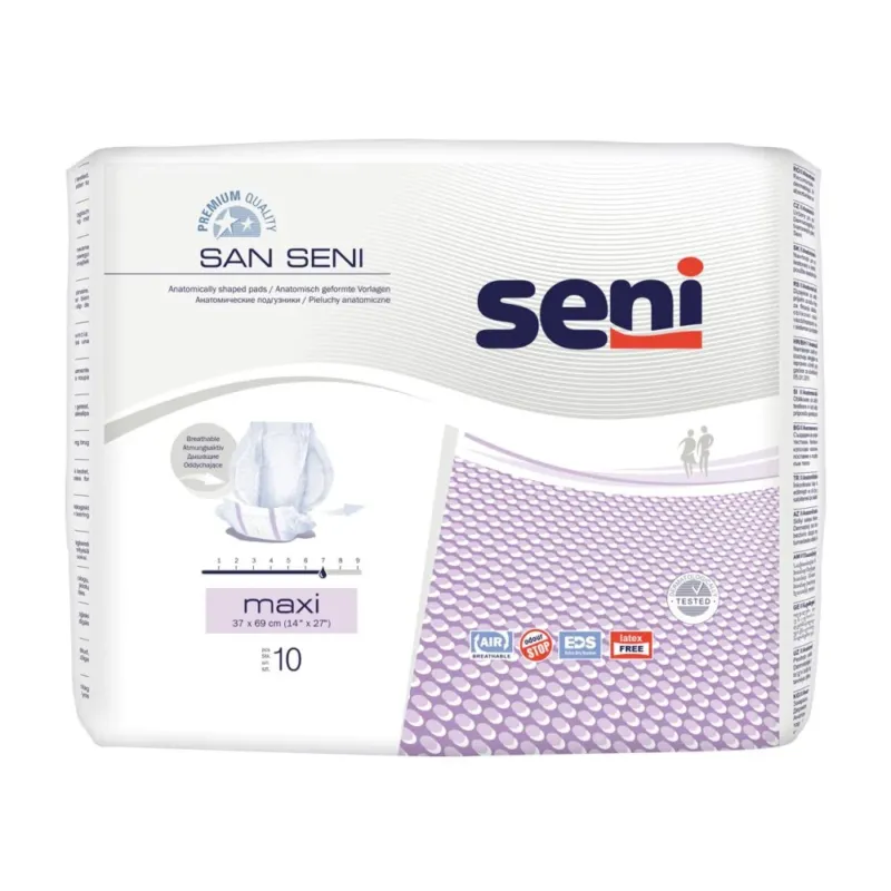Packung mit 10 Einweg-Schutzunterlagen für Senioren, die als Inkontinenzprodukte dienen. Die Verpackung ist in einem ansprechenden Design gehalten, mit der Hauptfarbe Weiß und einem blauen sowie grünen Akzent. Oben links ist das Produktlogo deutlich sichtbar. Auf der Vorderseite sind zusätzliche Informationen über Schutz und Nutzung abgedruckt. Die Unterlagen sind kompakt in der Packung angeordnet und vermitteln einen Eindruck von Hygiene und Sicherheit.