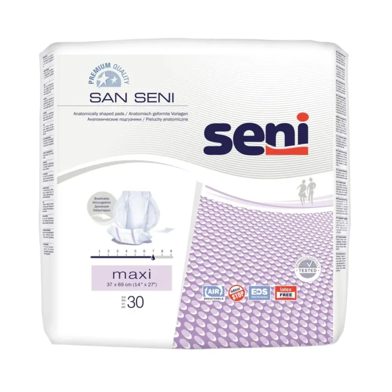 Ein 30er-Pack San Seni Maxi Inkontinenzhosen für Erwachsene. Die Verpackung zeigt ein modernes, ansprechendes Design mit einem klaren Bild des Produkts. Die Hosen sind in einer flachen Stapelung abgebildet, sichtbar sind die elastischen Bund und die saugfähigen Bereiche. Die Verpackung hebt die Merkmale wie hohe Saugfähigkeit und bequemen Sitz hervor. Auf der Vorderseite sind Informationen zu Größe, Menge und Anwendung abgedruckt.