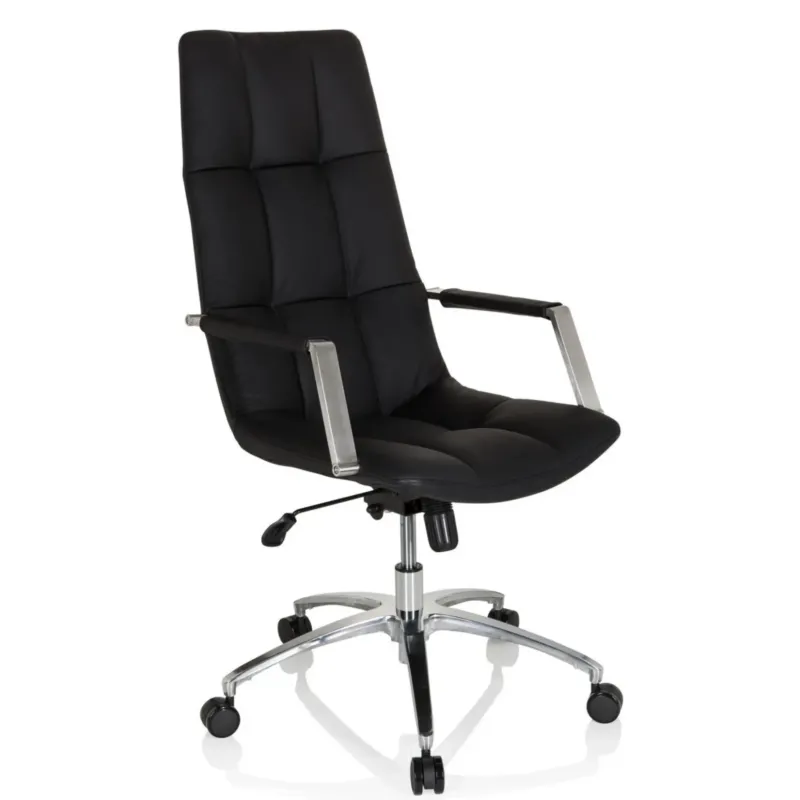 Schwarzer Home-Office-Chefsessel SARANTO PRO aus Leder mit Steppung und Aluminiumfußkreuz von hjh OFFICE