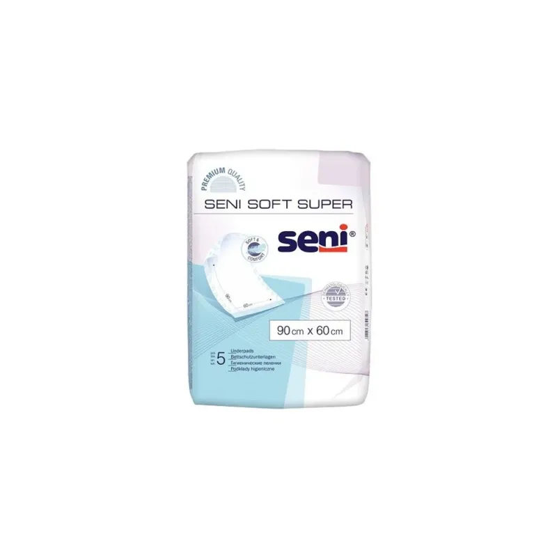 Ein Bild eines Pakets mit fünf Einheiten von Seni Soft Super, eine Art Inkontinenzunterlage. Die Unterlagen sind in einem hellen und freundlichen Design gehalten, mit einer weißen und blauen Farbpalette. Auf der Vorderseite der Verpackung sind charakteristische Produkteigenschaften sowie die Größe 60x90 cm deutlich sichtbar. Die Unterlagen sind sorgfältig gefaltet und zeigen an einer Seite die weiche, absorbierende Oberfläche. Der Hintergrund ist neutral und hebt das Produkt hervor.