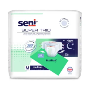 Das Bild zeigt die Verpackung von Seni Super Trio in der Größe Medium. Die Verpackung ist überwiegend blau mit weißen und orangefarbenen Akzenten. Auf der Vorderseite sind die wichtigsten Produktmerkmale hervorgehoben, einschließlich der Größenbezeichnung „Medium“ und der Beschreibung „Super Trio“. Im Hintergrund sind orangefarbene Grafiken, die Komfort und Sicherheit symbolisieren.