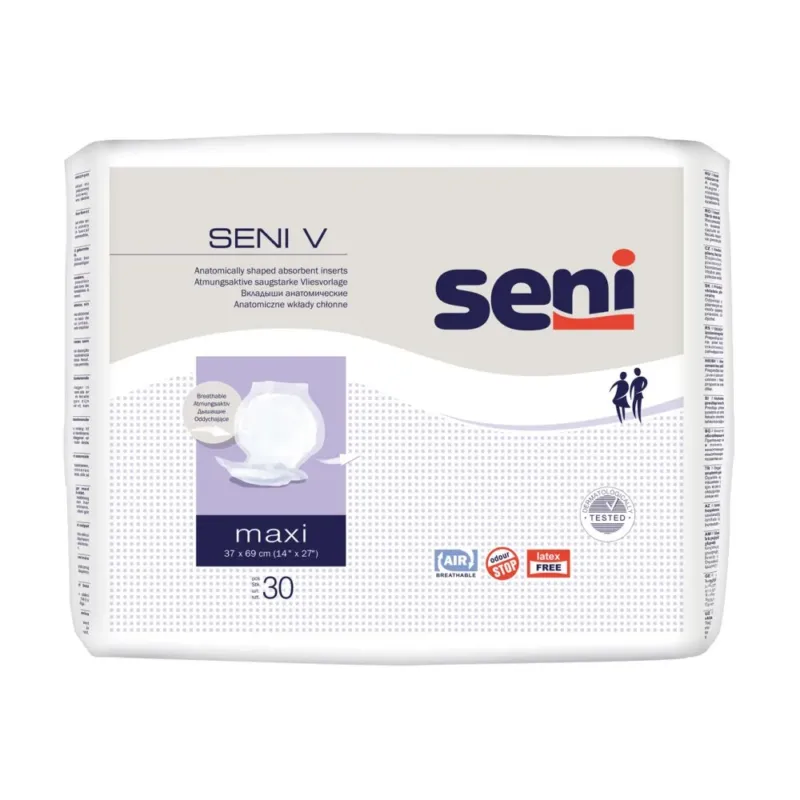 Ein Produktbild zeigt eine Packung in der Mitte, die eine medizinische Inkontinenzauflage darstellt, verpackt in einer bunten, ansprechenden Schachtel. Die Vorderseite der Verpackung hebt den Markennamen "Seni" hervor und enthält zusätzliche Informationen zu den Eigenschaften der Auflage, wie hohe Absorption und Saugfähigkeit. Im Hintergrund ist ein hellblauer Farbverlauf zu sehen, der das gesamte Design umrahmt.