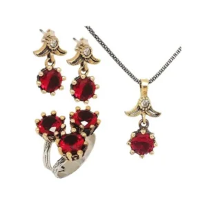 Söğütlü Series Red Color Garnet Stone Silver Authentic Triple Women's Set Jewelry - Exporgin - Global Shopping Site