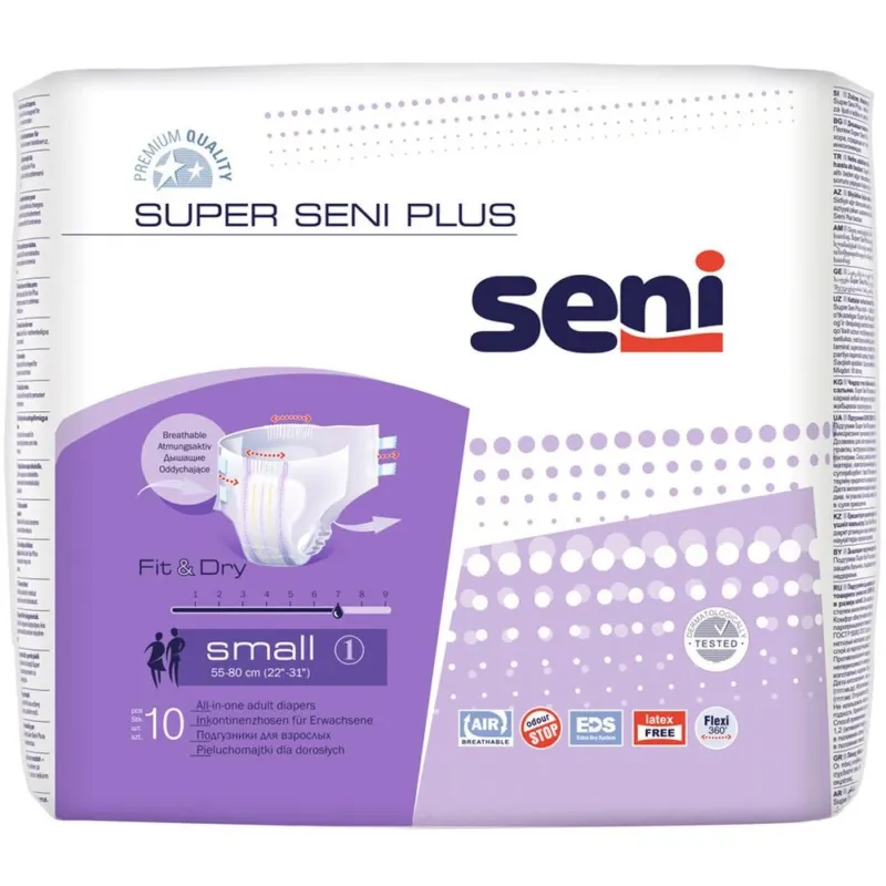 Ein Paket mit Super Seni Plus Inkontinenzprodukten, bestehend aus 10 verfügbaren Einheiten. Die Umverpackung zeigt ein helles, ansprechendes Design mit klaren Informationen zu den Produkten. In der oberen Hälfte ist der Markenname "Super Seni" in großen, gut lesbaren Buchstaben platziert. Darunter sind Bilder und Symbole, die die Hauptmerkmale wie Saugfähigkeit und Komfort hervorheben. Die Farbgestaltung ist überwiegend blau und weiß, was einen professionellen und hygienischen Eindruck vermittelt.