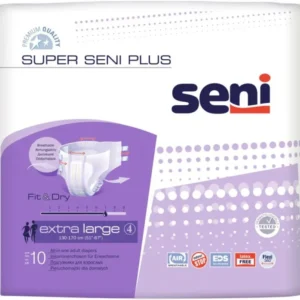Super Seni Plus XL, Einweg-Inkontinenzprodukte, 10 Stück, Packungsansicht. Die Verpackung zeigt ein ansprechendes Design in sanften Farben mit einer Abbildung eines glücklichen, aktiven älteren Paares, das Lebensfreude ausstrahlt. Die Packung enthält klare Informationen zu den Produkten wie Größe XL, hohes Saugvermögen und Hautfreundlichkeit. Im Hintergrund sind sanfte Pastellfarben, die das Gefühl von Komfort und Sicherheit vermitteln.