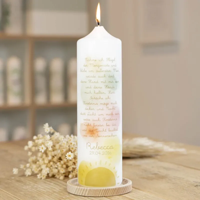 Taufkerze Psalm mit Vers aus Psalm 139 und aufgehender Sonne